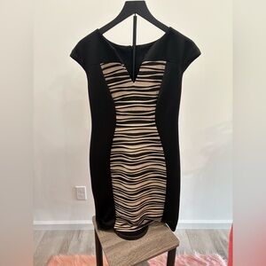 Connected Apparel Black and Tan Striped Mini Dress